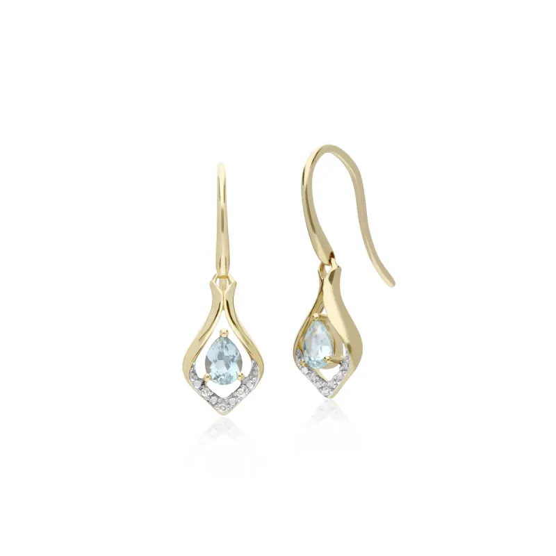 Classic Pear Aquamarine & Diamond Leaf Halo Drop Earrings in 9ct Gold sold by Gemondo Jewellery