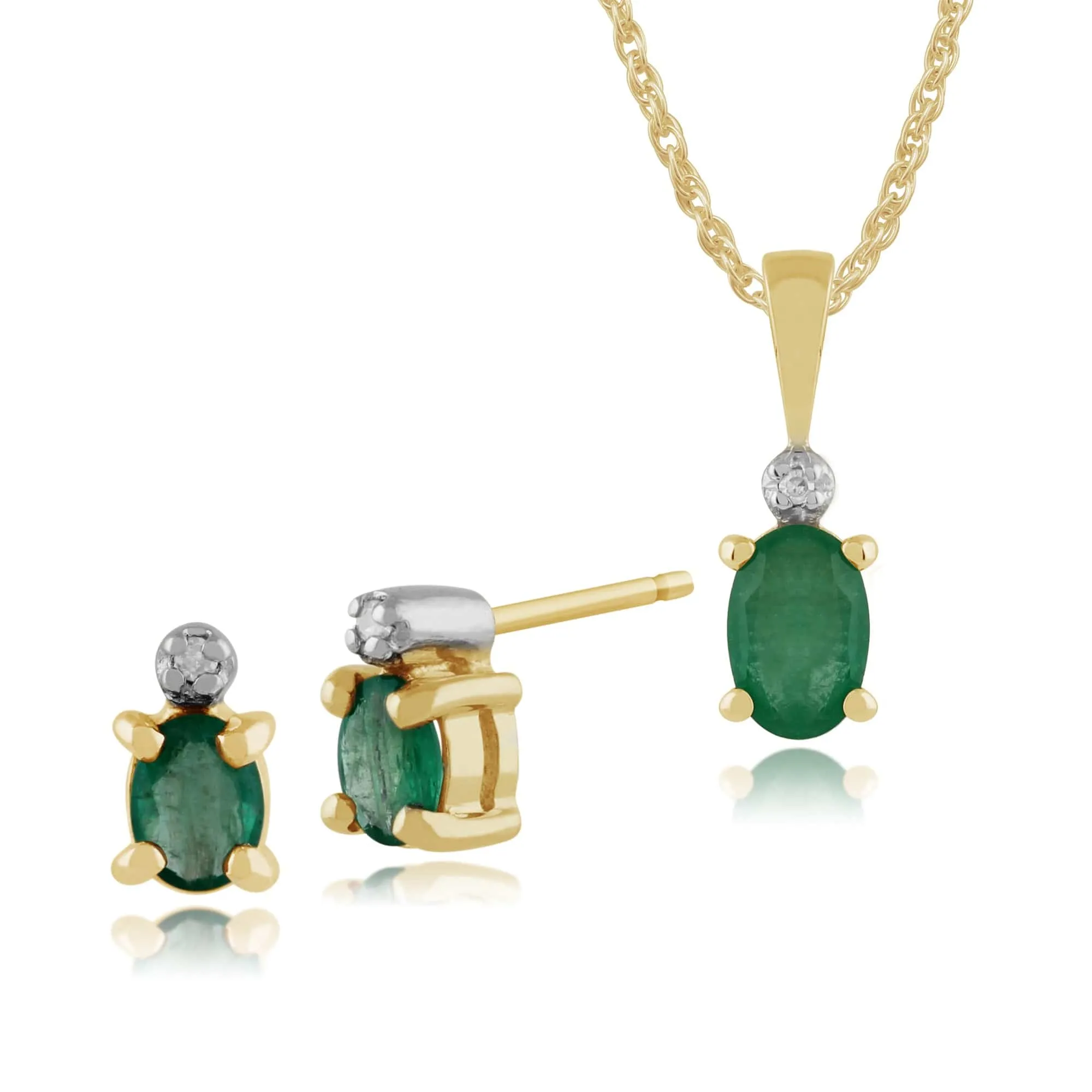Classic Oval Emerald & Diamond Stud Earrings & Pendant in 9ct Yellow Gold sold by Gemondo Jewellery