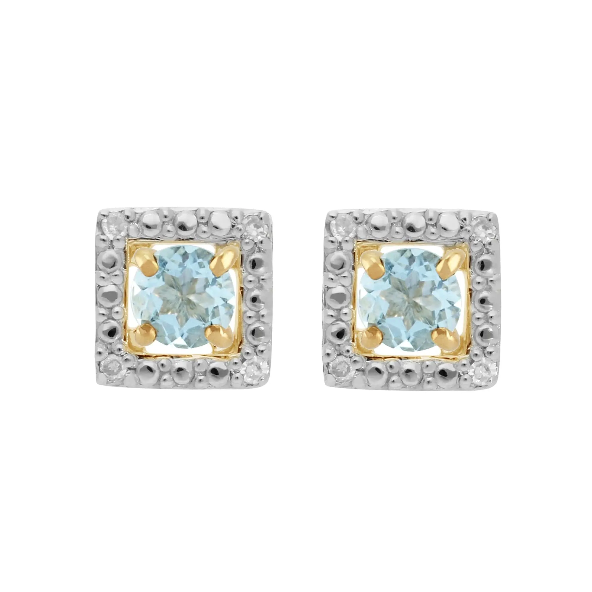 Classic Round Aquamarine Stud Earrings with Detachable Diamond Square Earrings Jacket Set in 9ct Yellow Gold sold by Gemondo Jewellery