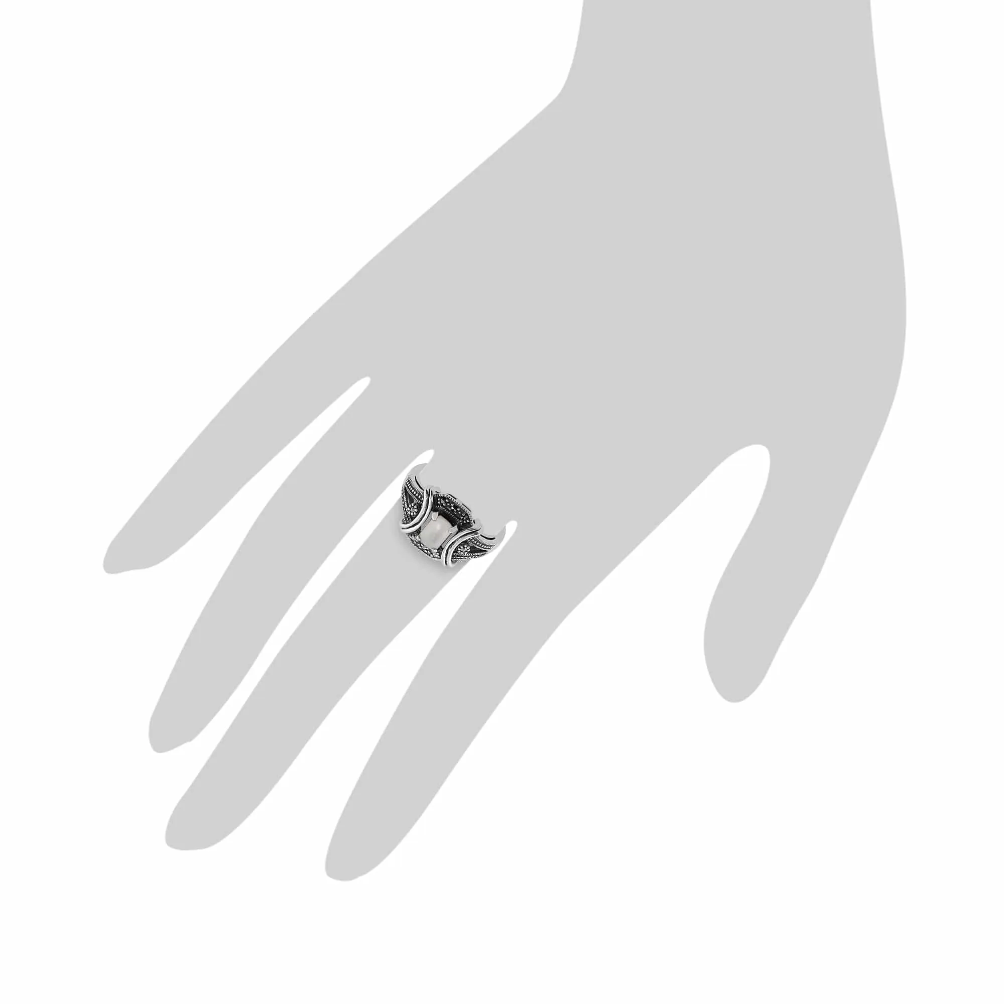 Art Deco Style Mother of Pearl Cabochon & Marcasite Ring in 925 Sterling Silver sold by Gemondo Jewellery product image thumbnail 3