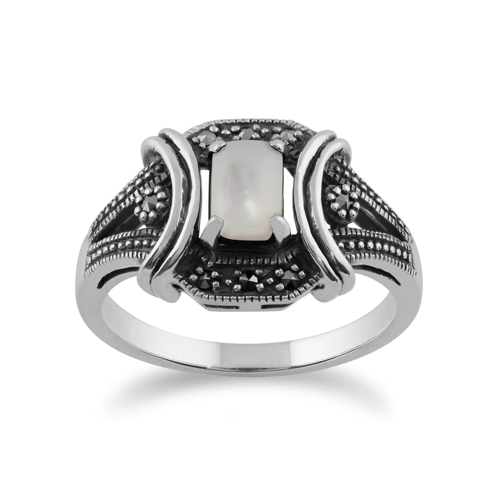 Art Deco Style Mother of Pearl Cabochon & Marcasite Ring in 925 Sterling Silver sold by Gemondo Jewellery