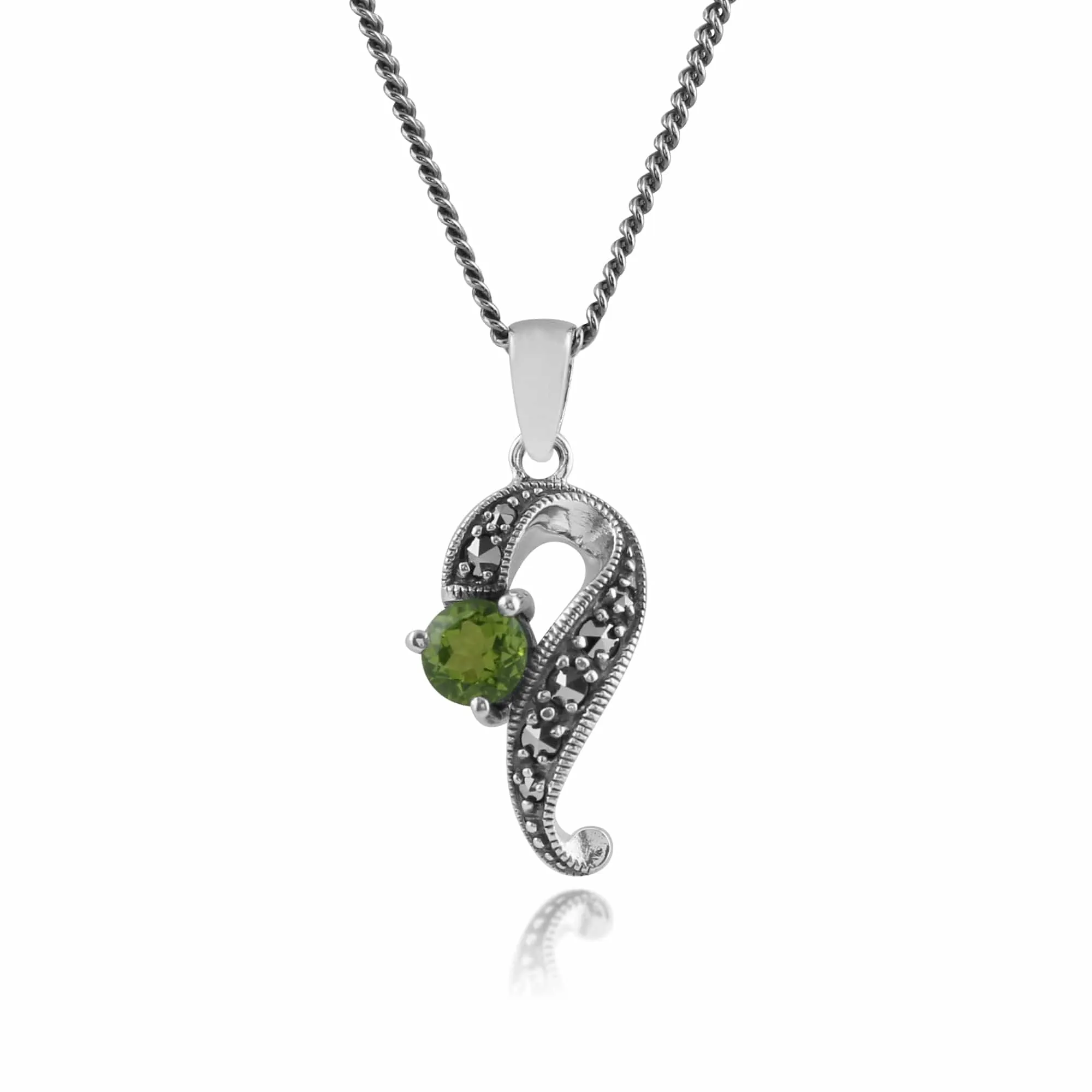 Art Nouveau Style Round Peridot & Marcasite Swirl Pendant in 925 Sterling Silver sold by Gemondo Jewellery