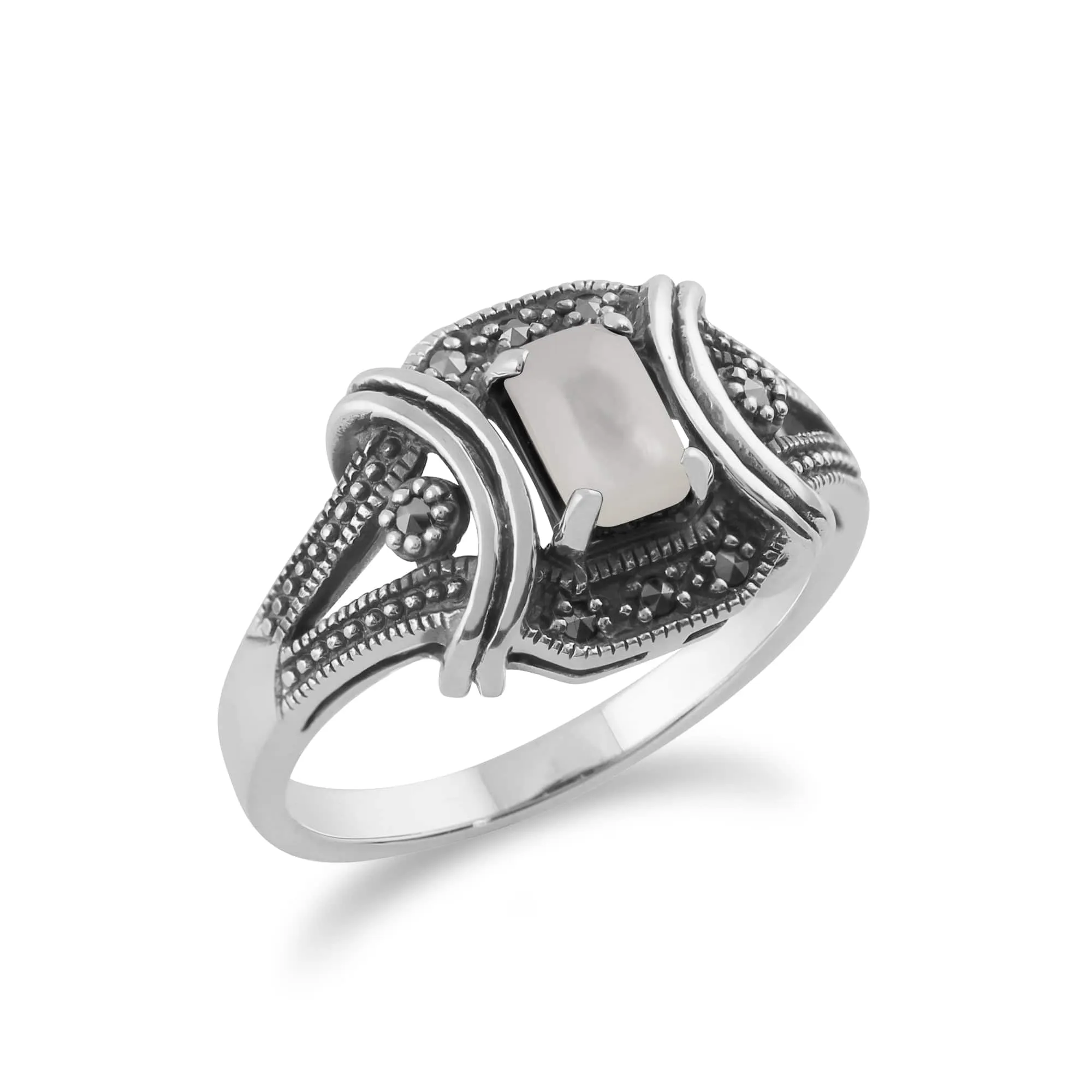 Art Deco Style Mother of Pearl Cabochon & Marcasite Ring in 925 Sterling Silver sold by Gemondo Jewellery product image thumbnail 2