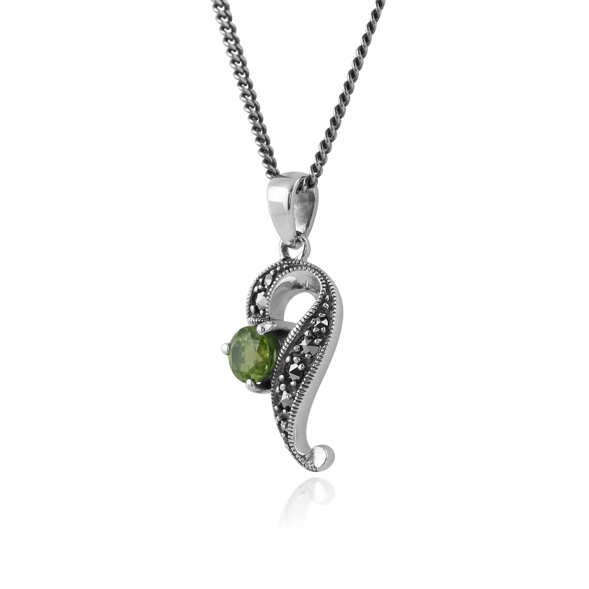 Art Nouveau Style Round Peridot & Marcasite Swirl Pendant in 925 Sterling Silver sold by Gemondo Jewellery product image thumbnail 2