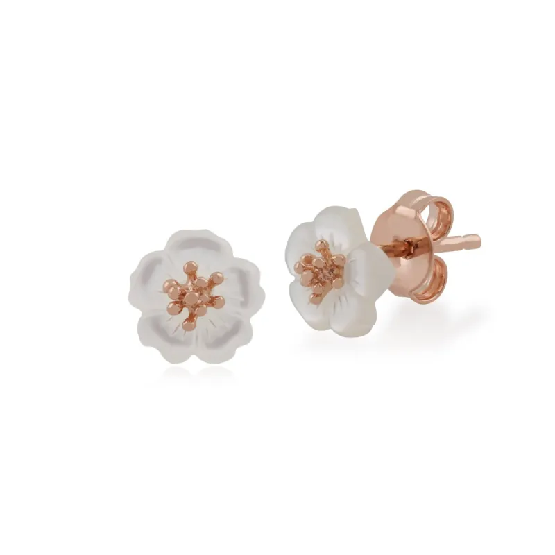 Rose Gold Plated Sterling Silver Mother of Pearl Cherry Blossom Stud Earrings sold by Gemondo Jewellery