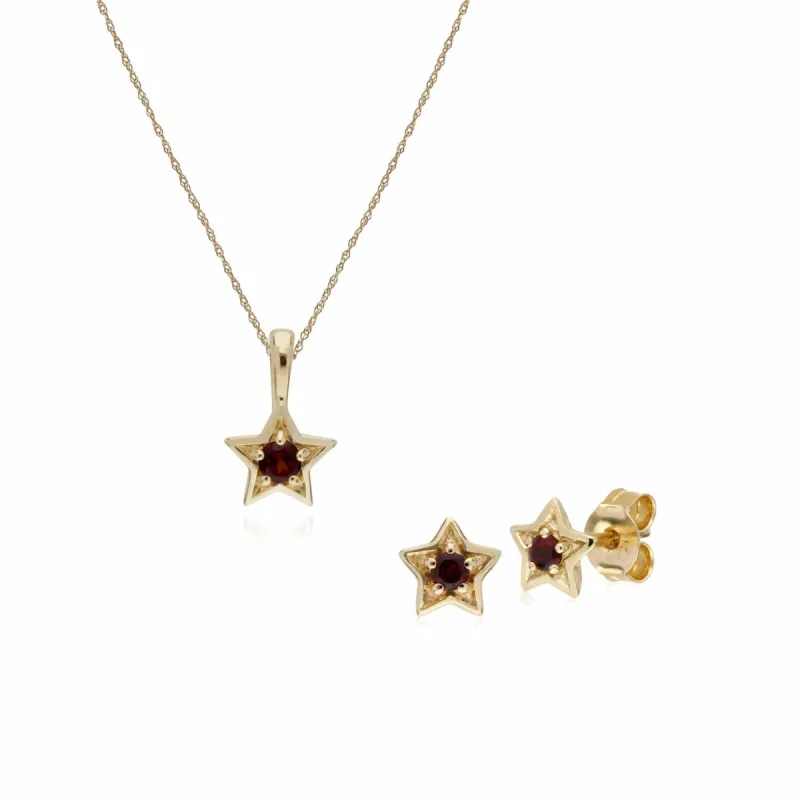 Contemporary Round Garnet Single Stone Star Earrings & Necklace Set in 9ct Yellow Gold sold by Gemondo Jewellery