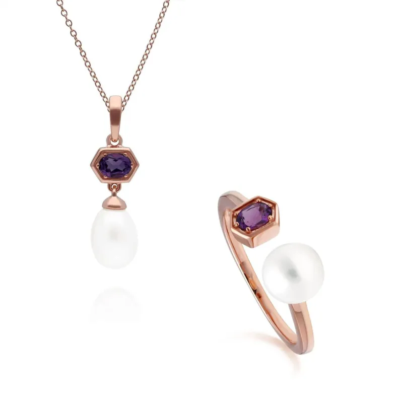 Modern Pearl & Amethyst Pendant & Ring Set in Rose Gold Plated Silver sold by Gemondo Jewellery