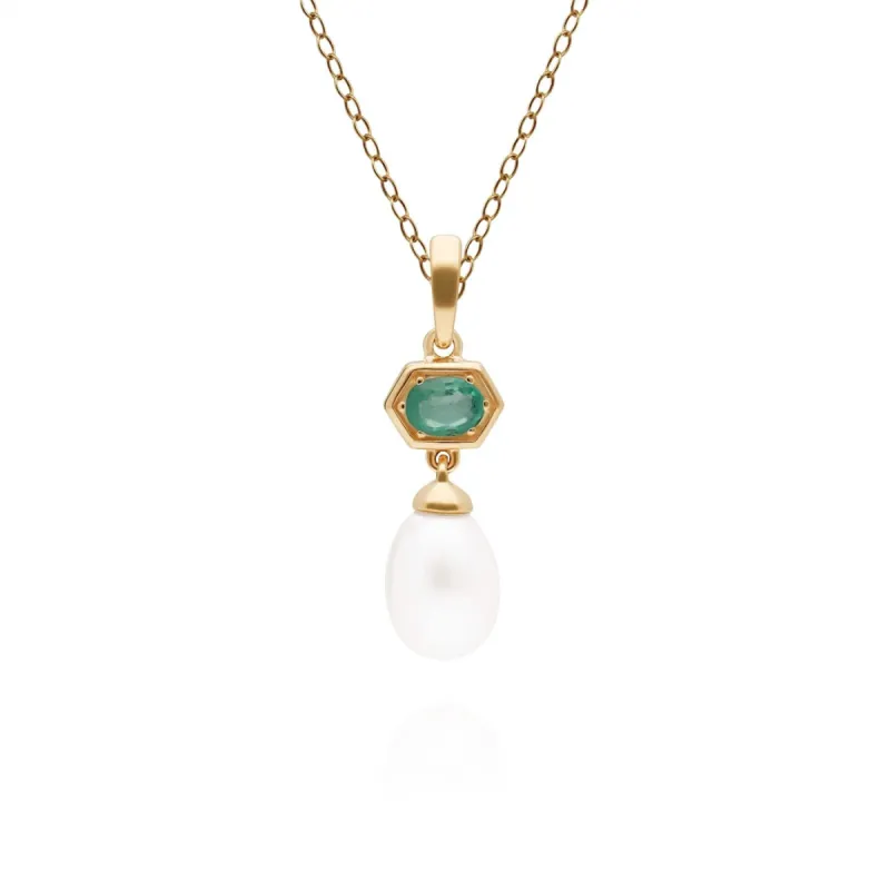 Modern Pearl & Emerald Hexagon Drop Pendant in Gold Plated Silver sold by Gemondo Jewellery