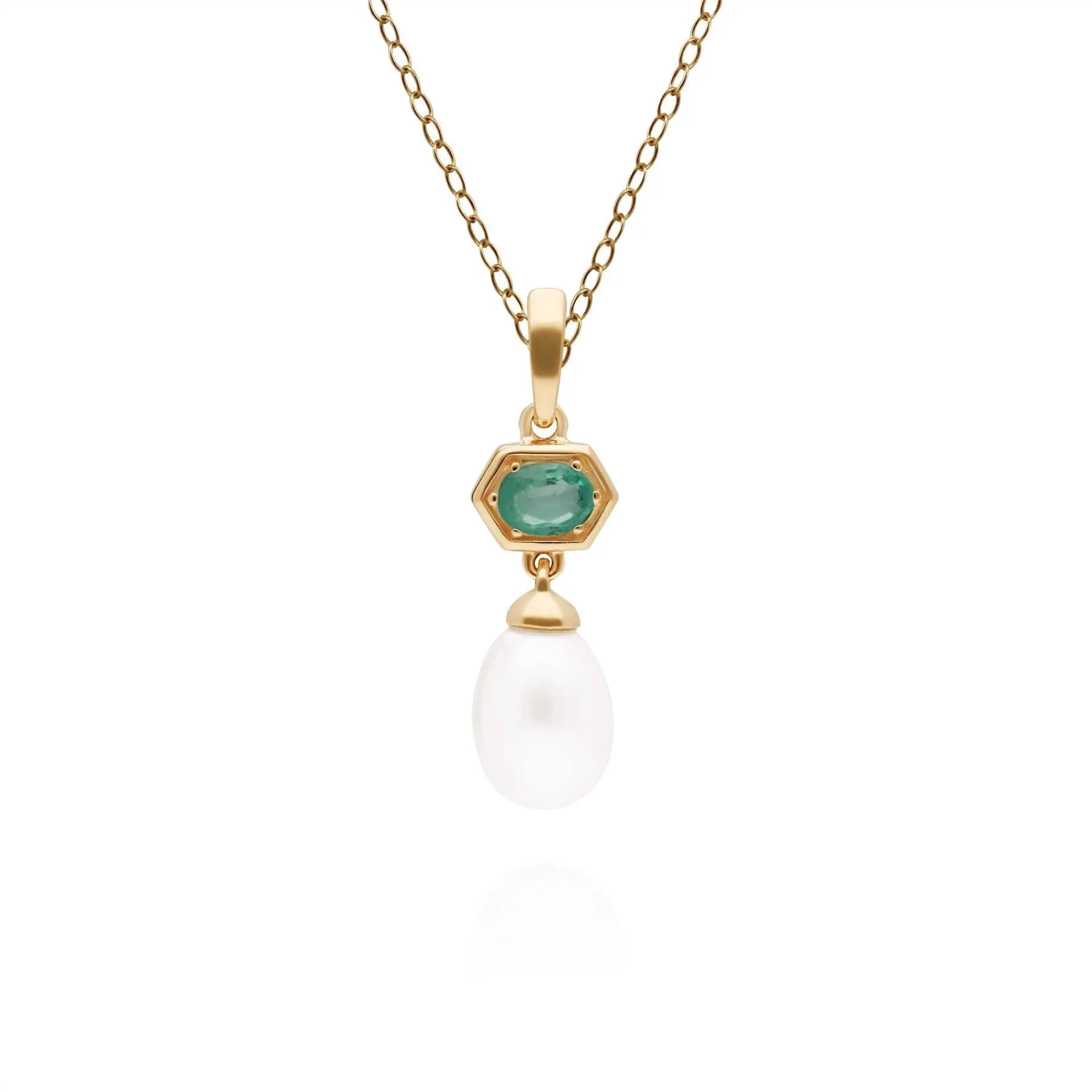 Modern Pearl & Emerald Hexagon Drop Pendant in Gold Plated Silver sold by Gemondo Jewellery