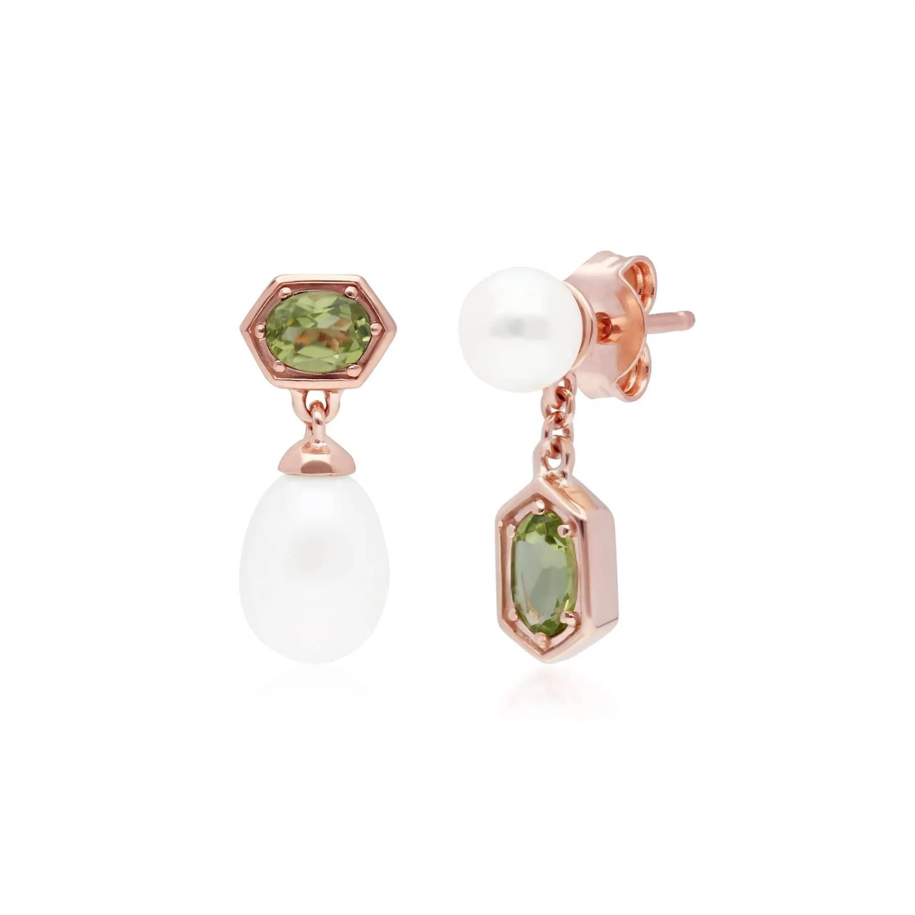 Modern Pearl & Peridot Mismatched Drop Earrings in Rose Gold Plated Silver sold by Gemondo Jewellery