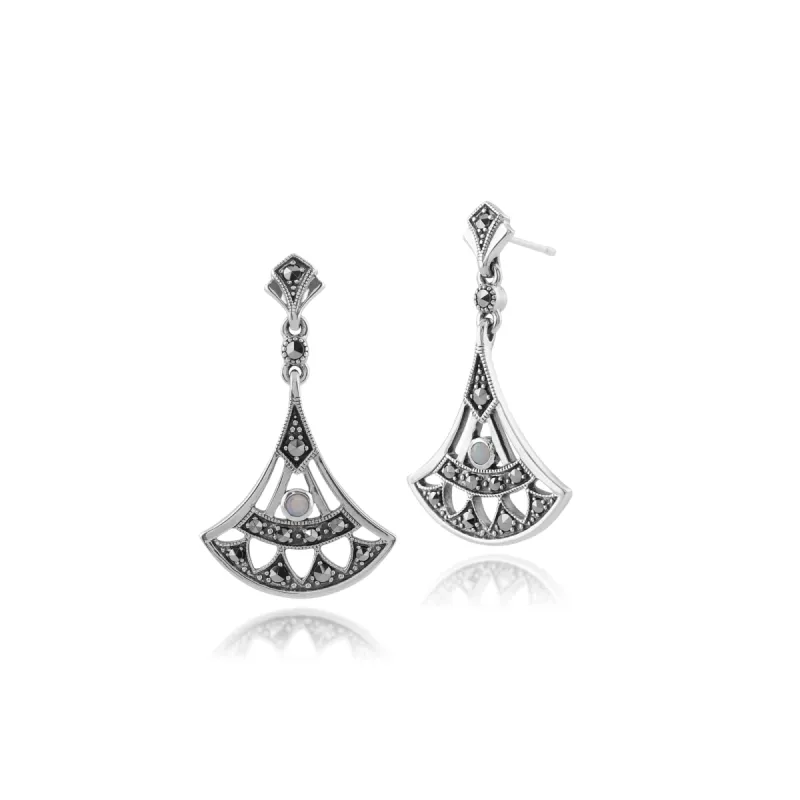 Art Deco Style Round Opal & Marcasite Open Work Fan Drop Earrings in 925 Sterling Silver sold by Gemondo Jewellery