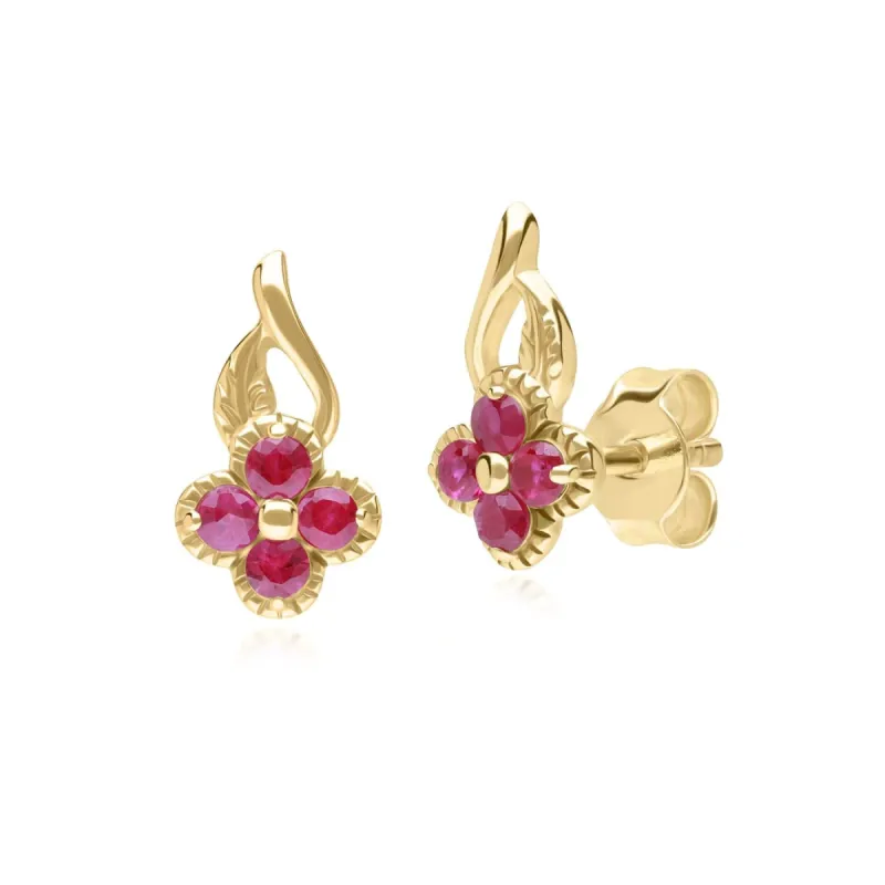Floral Round Ruby Stud Earrings in 9ct Yellow Gold sold by Gemondo Jewellery