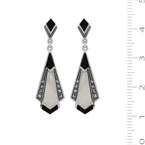 Art Deco Style Onyx, Mother of Pearl & Marcasite Fan Drop Earrings & Necklace Set in 925 Sterling Silver sold by Gemondo Jewellery product image thumbnail 4
