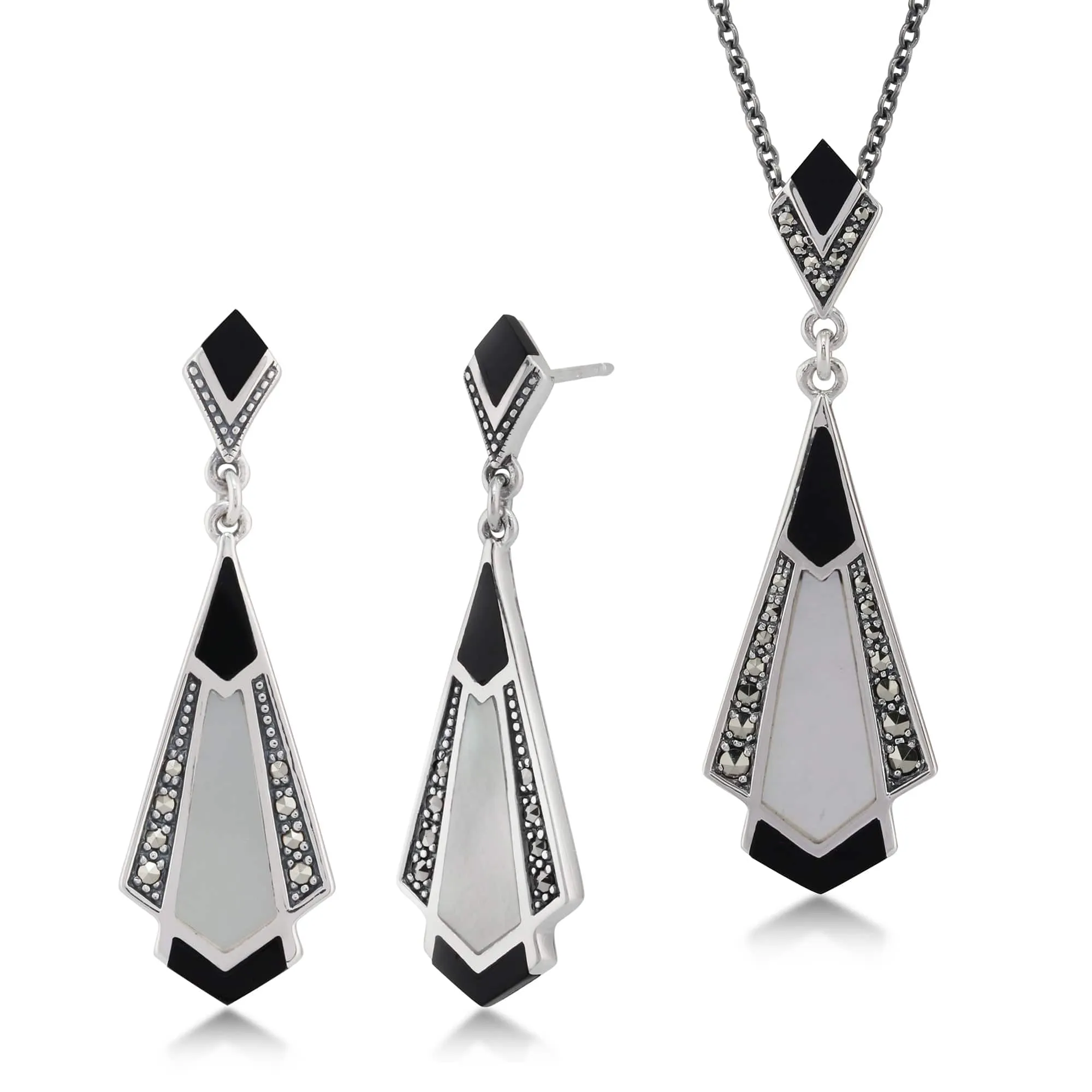 Art Deco Style Onyx, Mother of Pearl & Marcasite Fan Drop Earrings & Necklace Set in 925 Sterling Silver sold by Gemondo Jewellery