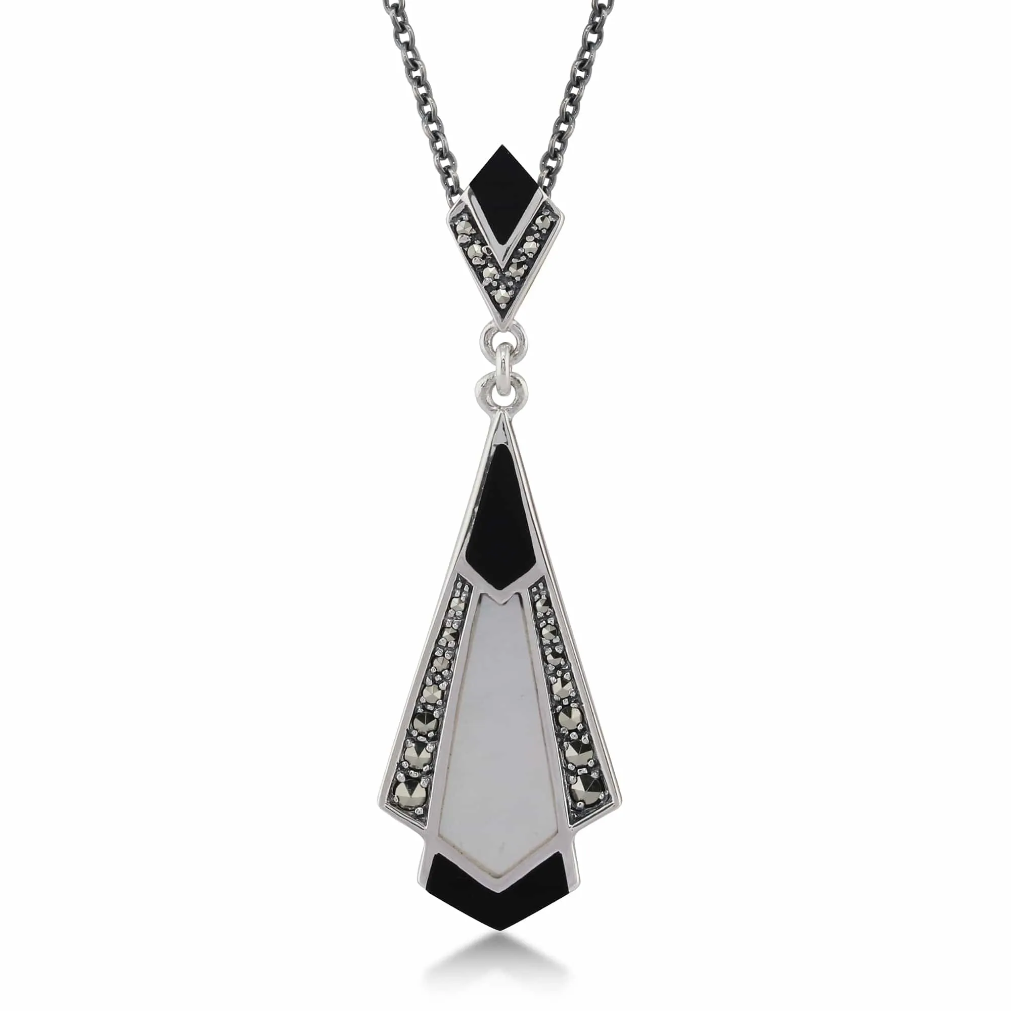 Art Deco Style Onyx, Mother of Pearl & Marcasite Fan Drop Earrings & Necklace Set in 925 Sterling Silver sold by Gemondo Jewellery product image thumbnail 5