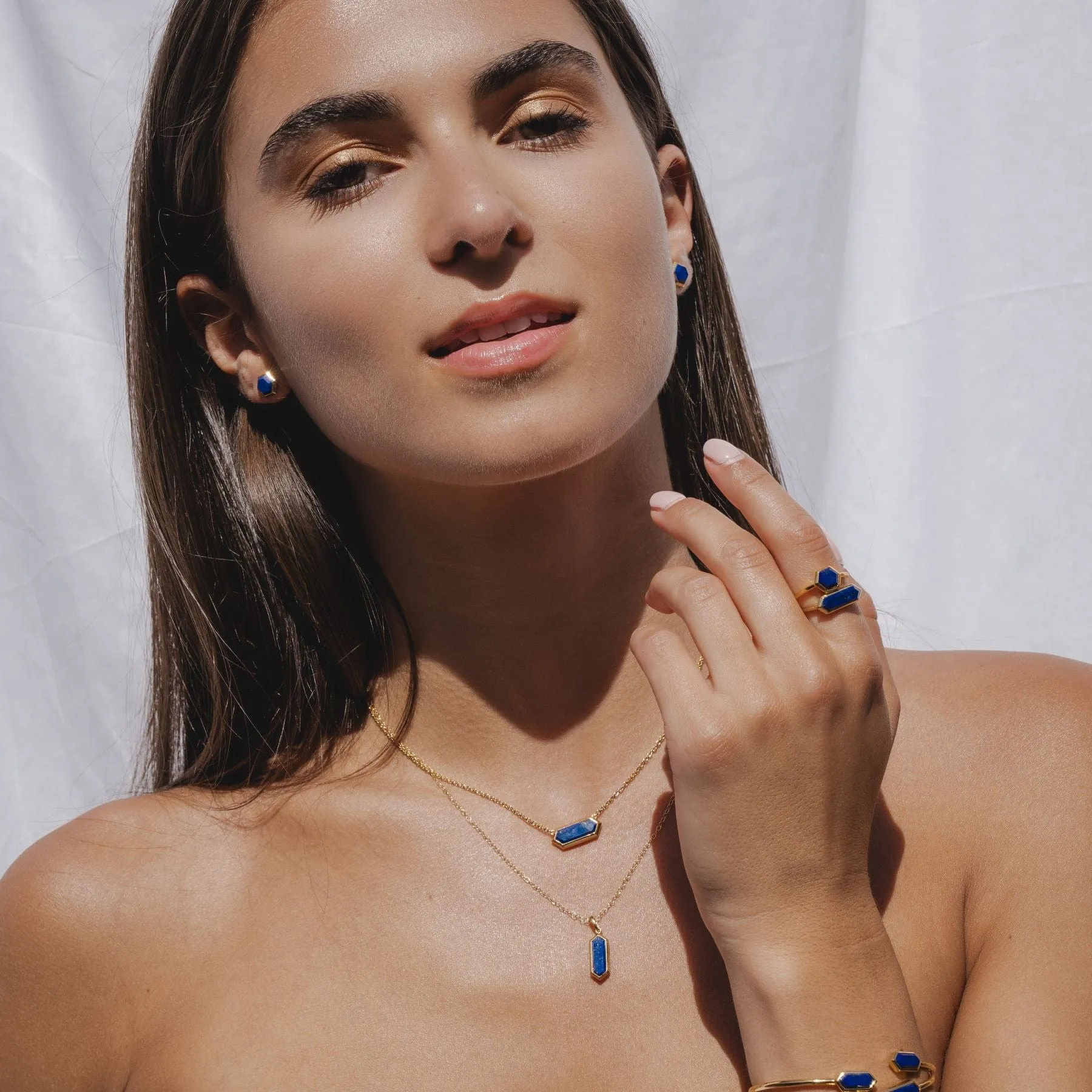 Geometric Hexagon Lapis Lazuli Stud Earrings in Gold Plated Silver sold by Gemondo Jewellery product image thumbnail 3