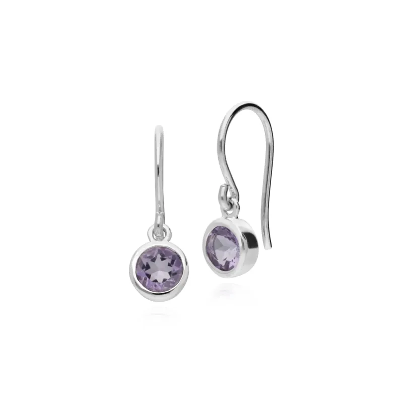 Essential Round Amethyst Bezel Set Drop Earrings in 925 Sterling Silver sold by Gemondo Jewellery