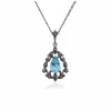 Art Nouveau Style Pear Blue Topaz & Marcasite Pendant in 925 Sterling Silver sold by Gemondo Jewellery