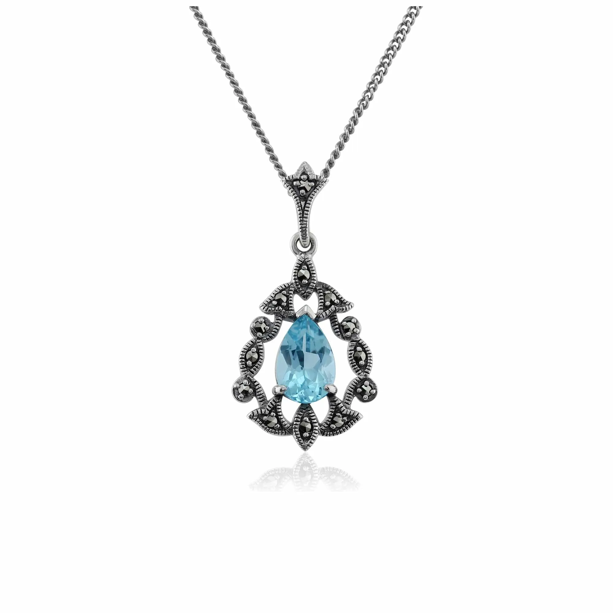 Art Nouveau Style Pear Blue Topaz & Marcasite Pendant in 925 Sterling Silver sold by Gemondo Jewellery