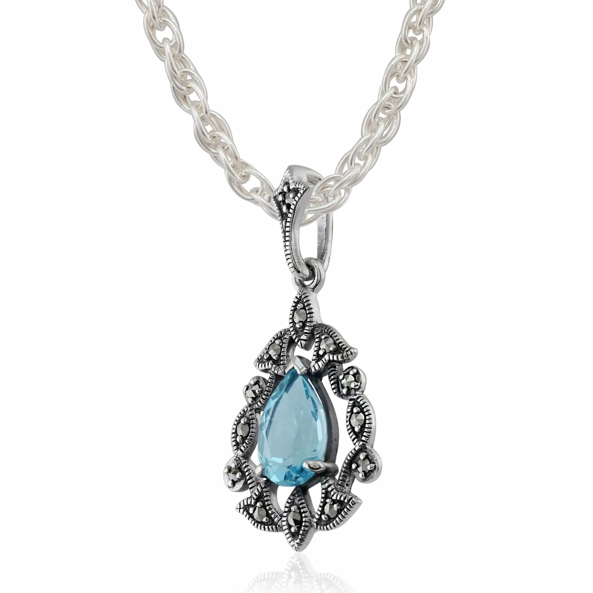 Art Nouveau Style Pear Blue Topaz & Marcasite Pendant in 925 Sterling Silver sold by Gemondo Jewellery product image thumbnail 2