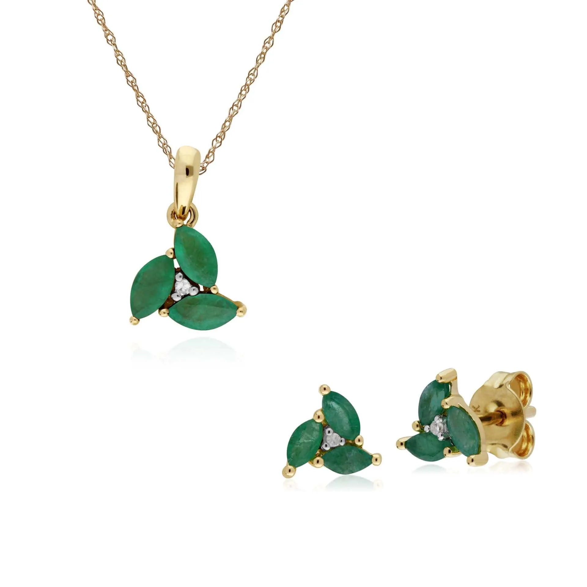 Classic Round Emerald Marquise Cluster Stud Earrings & Necklace Set in 9ct Yellow Gold sold by Gemondo Jewellery