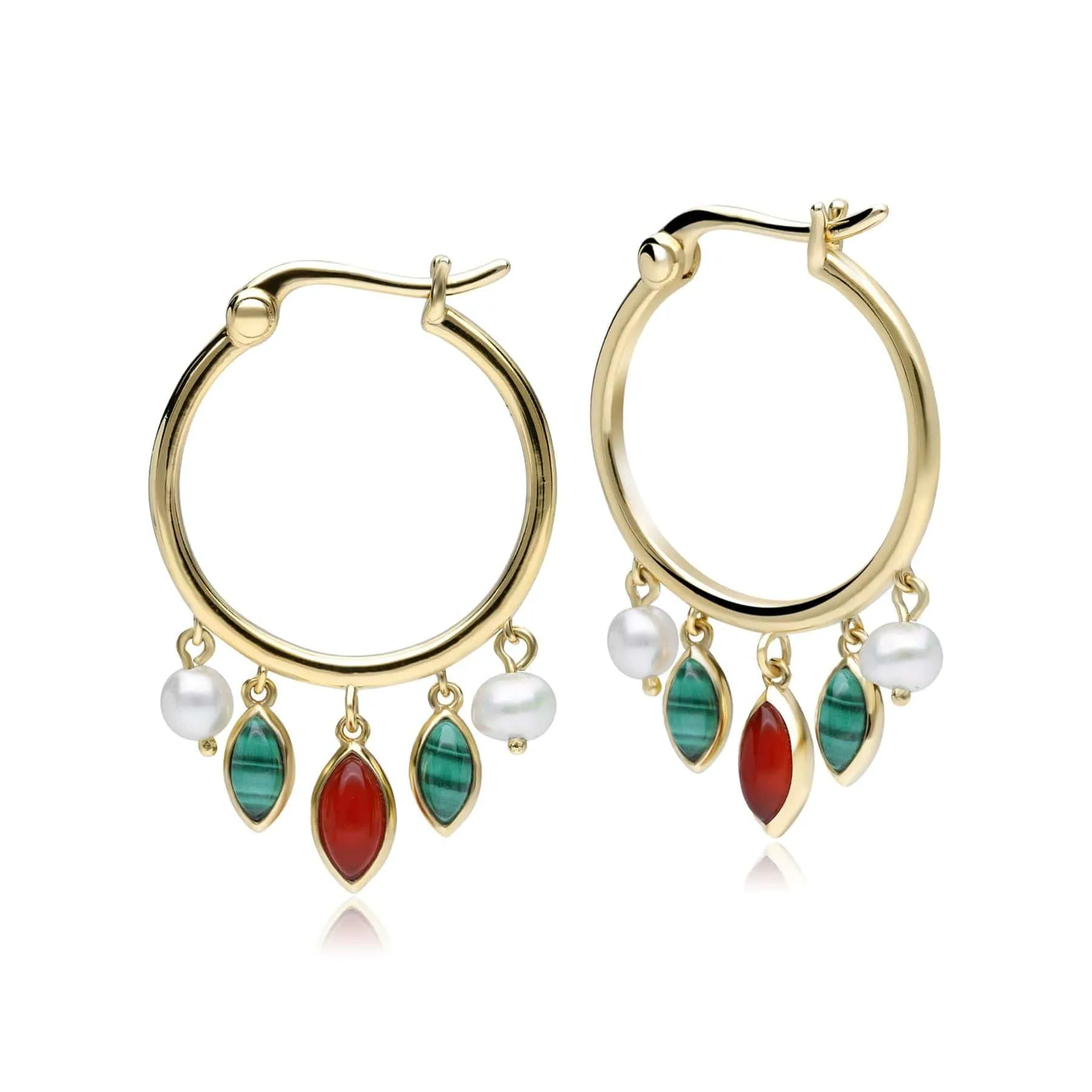 ECFEW™ Creator Malachite, Dyed Carnelian & Pearl Hoop Earrings in Gold Plated Sterling Silver sold by Gemondo Jewellery