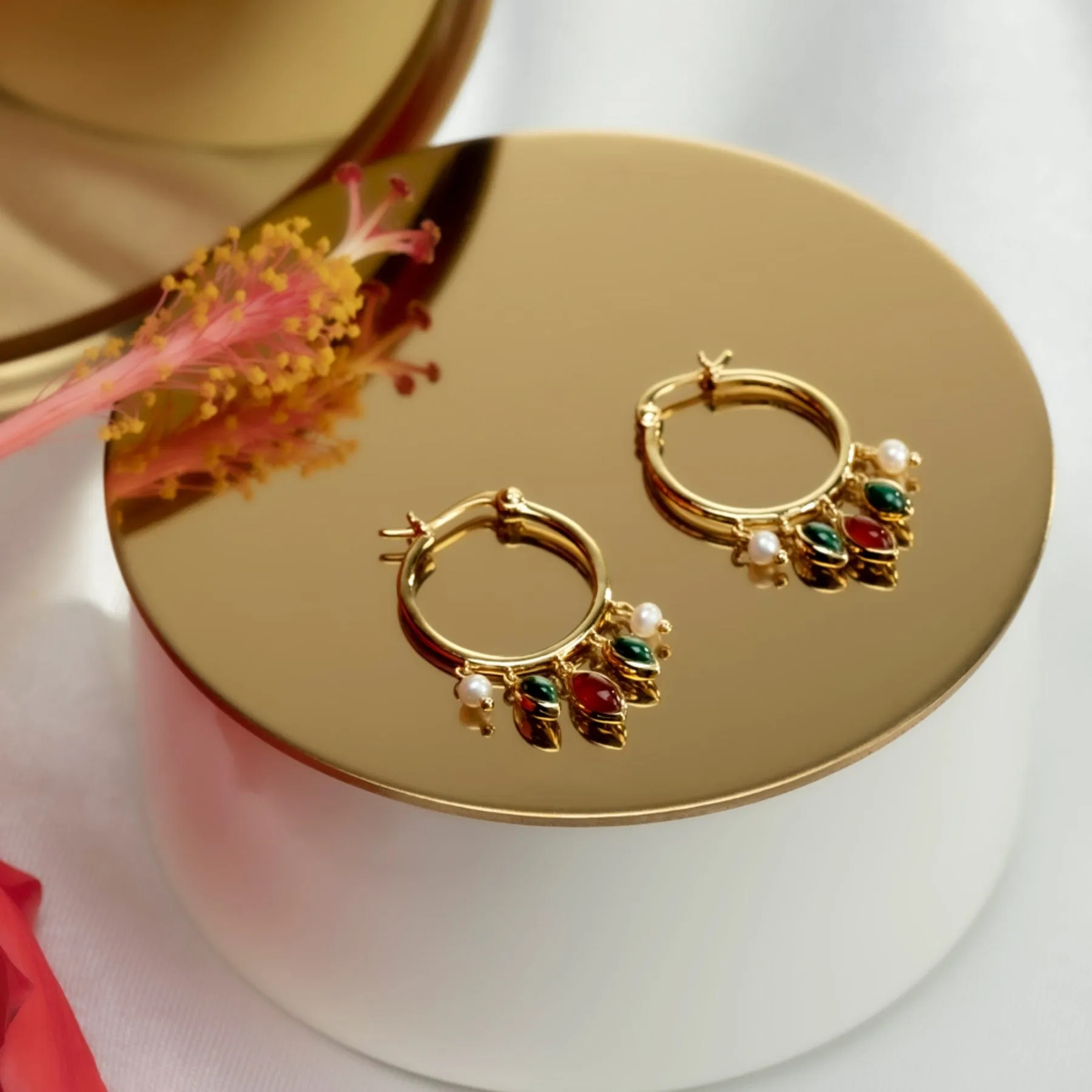 ECFEW™ Creator Malachite, Dyed Carnelian & Pearl Hoop Earrings in Gold Plated Sterling Silver sold by Gemondo Jewellery product image thumbnail 2