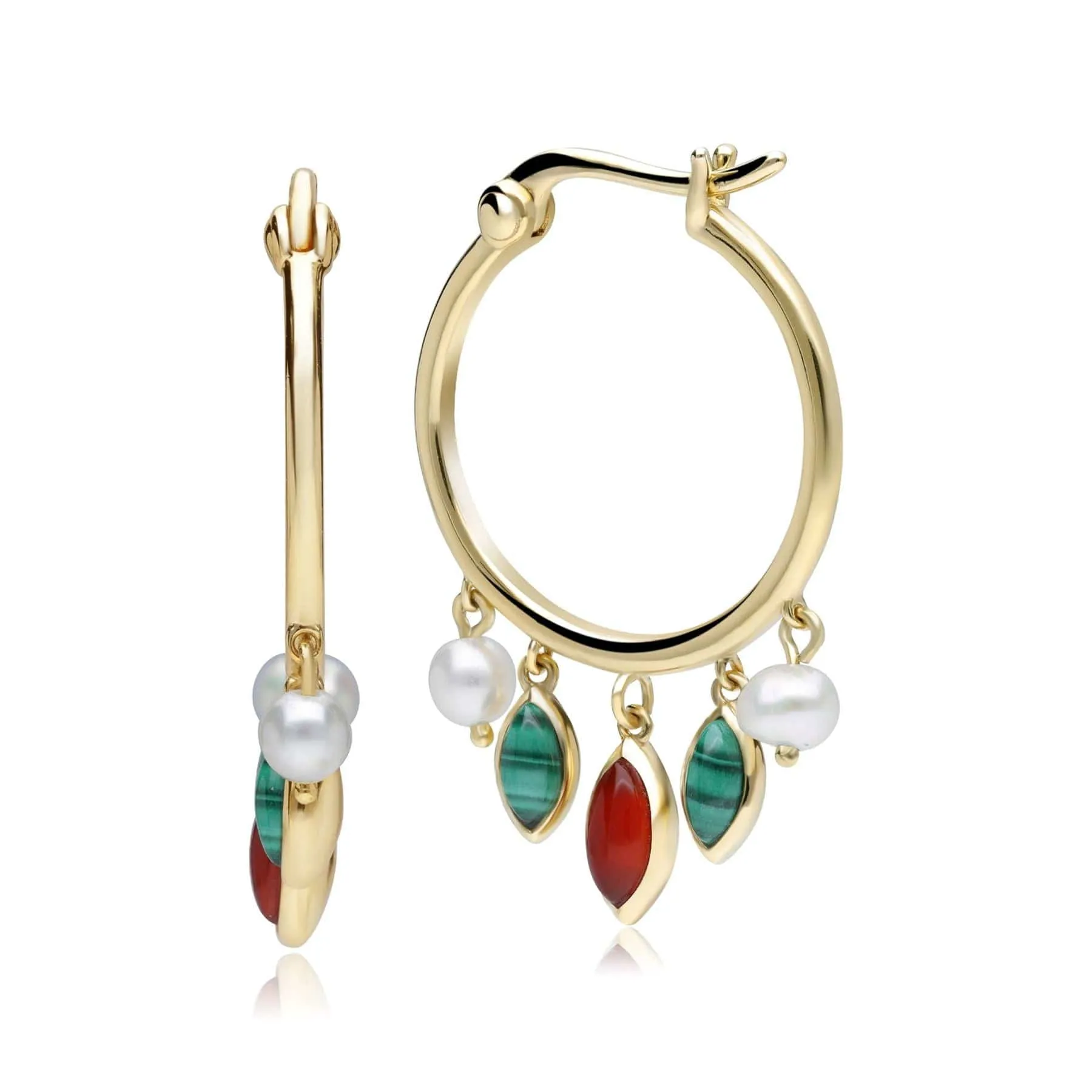 ECFEW™ Creator Malachite, Dyed Carnelian & Pearl Hoop Earrings in Gold Plated Sterling Silver sold by Gemondo Jewellery product image thumbnail 3