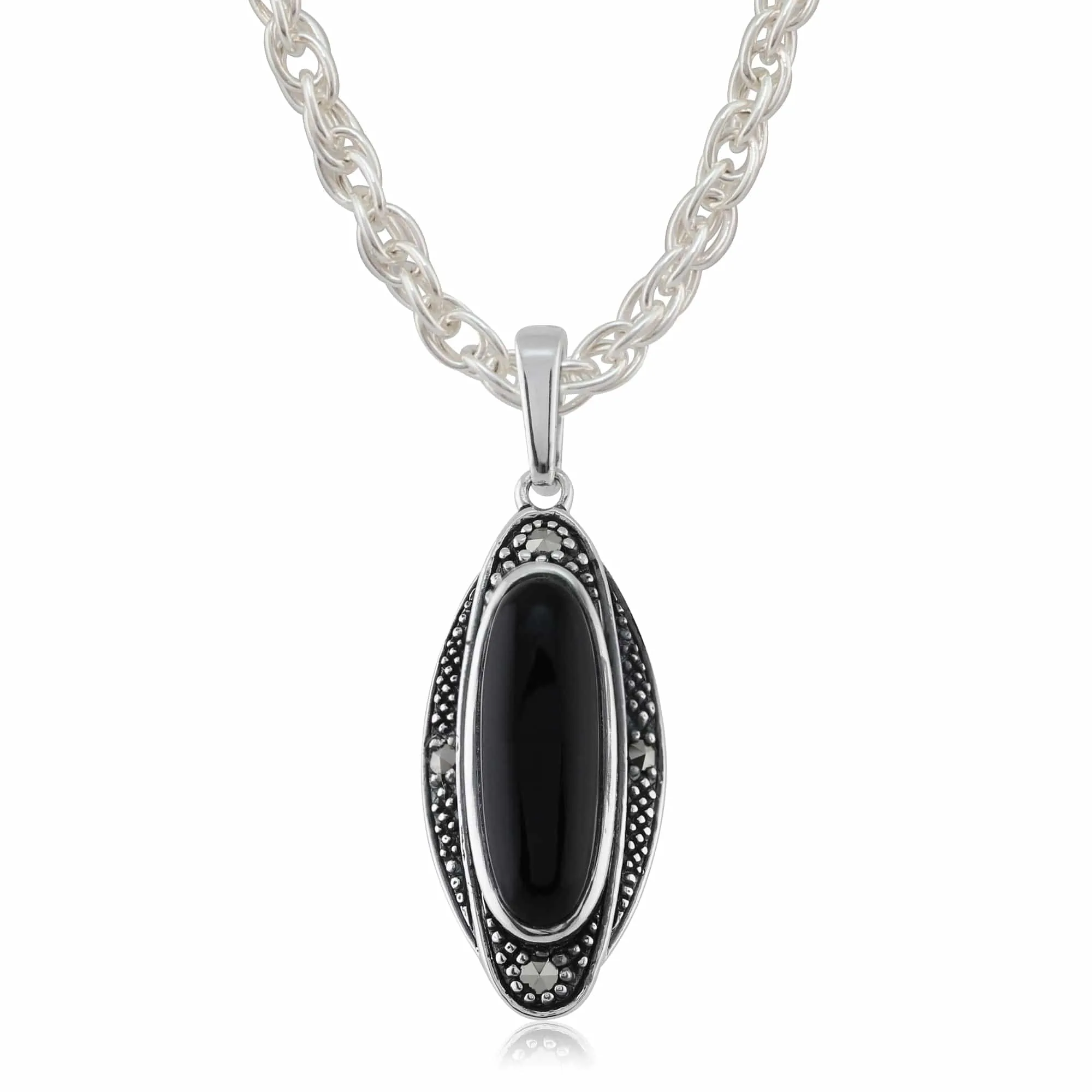 Art Deco Style Style Black Onyx Cabochon & Marcasite Drop Earrings & Pendant Set in 925 Sterling Silver sold by Gemondo Jewellery product image thumbnail 4