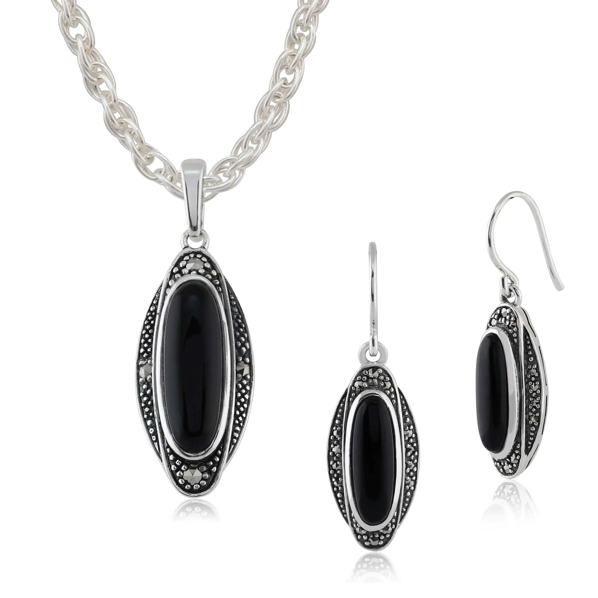 Art Deco Style Style Black Onyx Cabochon & Marcasite Drop Earrings & Pendant Set in 925 Sterling Silver sold by Gemondo Jewellery