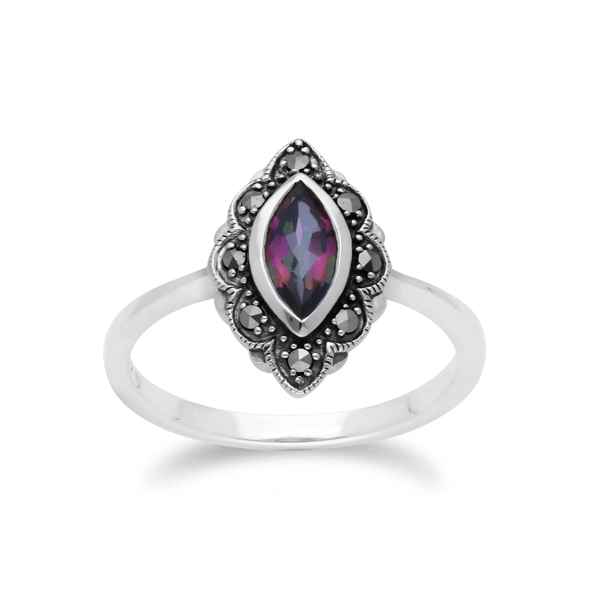 Art Nouveau Marquise Mystic Topaz & Marcasite Leaf Ring in 925 Sterling Silver sold by Gemondo Jewellery