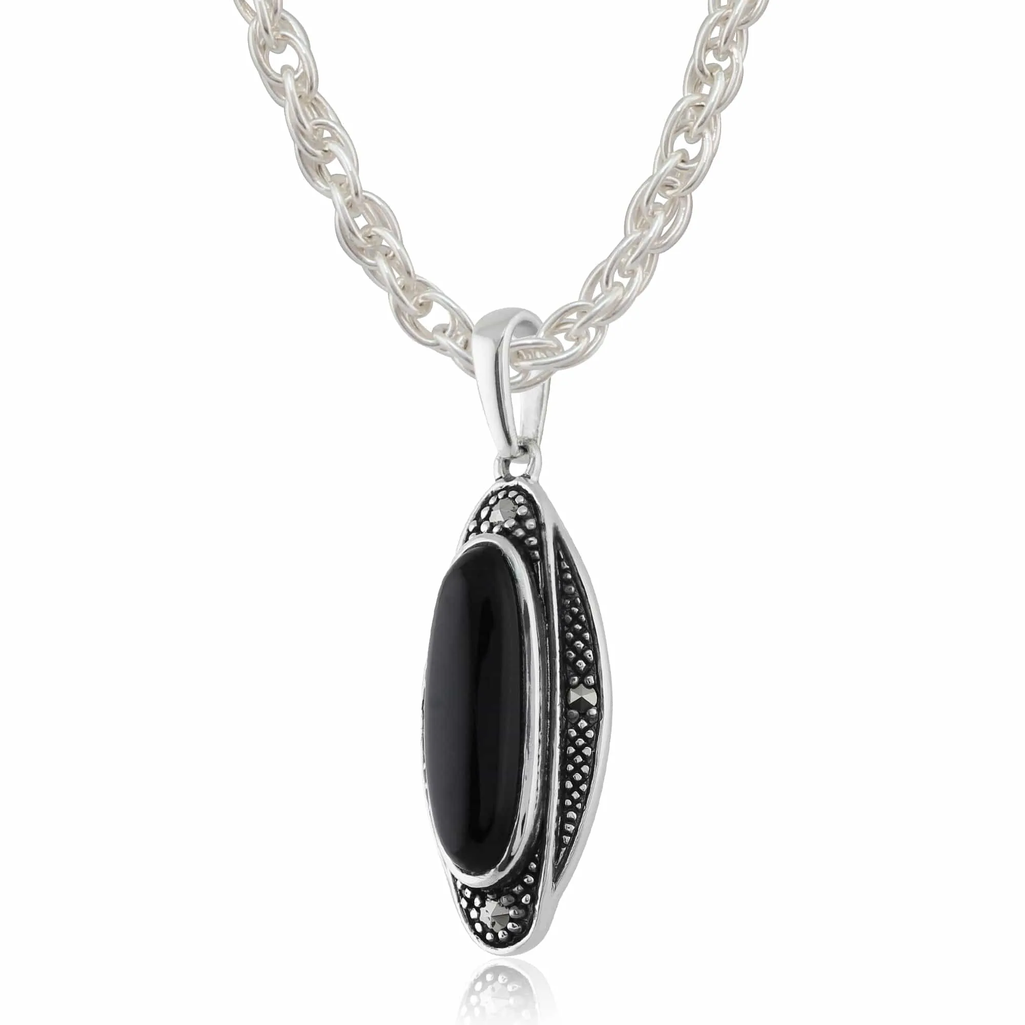 Art Deco Style Style Black Onyx Cabochon & Marcasite Drop Earrings & Pendant Set in 925 Sterling Silver sold by Gemondo Jewellery product image thumbnail 5