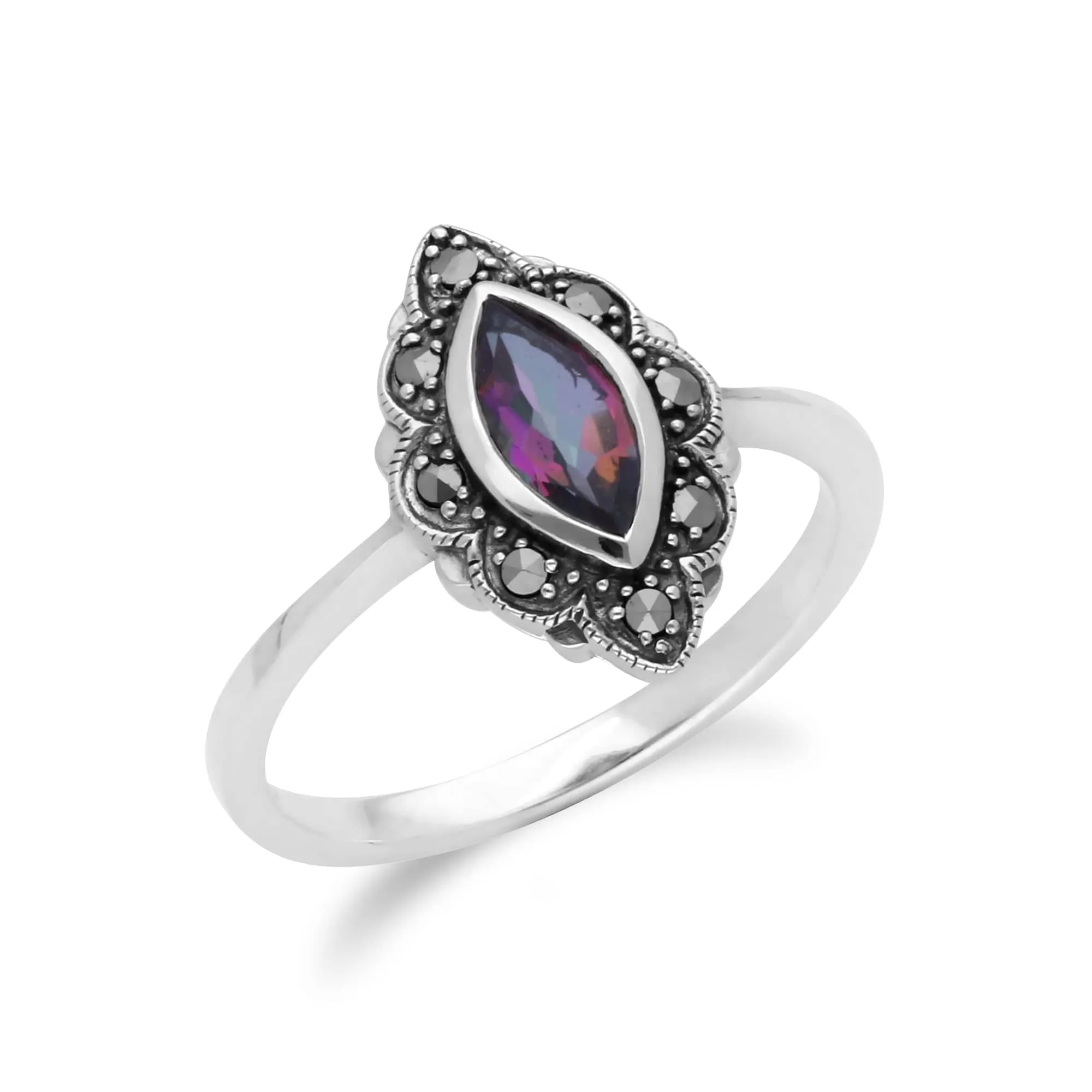 Art Nouveau Marquise Mystic Topaz & Marcasite Leaf Ring in 925 Sterling Silver sold by Gemondo Jewellery product image thumbnail 2