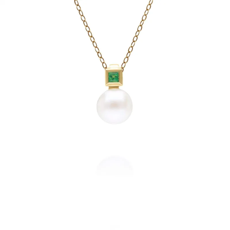 Modern Pearl & Square Emerald Pendant in 9ct Yellow Gold sold by Gemondo Jewellery