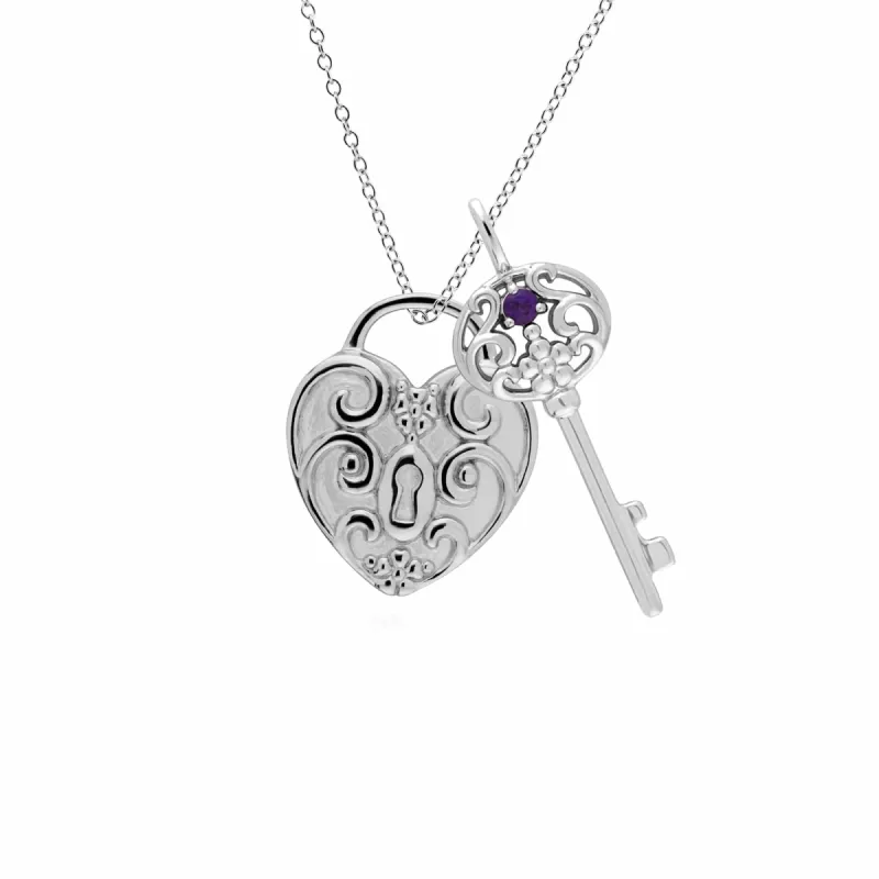 Classic Swirl Heart Lock Pendant & Amethyst Big Key Charm in 925 Sterling Silver sold by Gemondo Jewellery