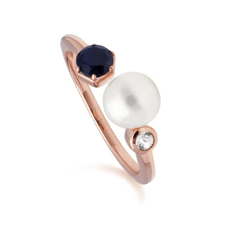Modern Pearl, Sapphire & Topaz Open Ring in Rose Gold Plated Silver sold by Gemondo Jewellery