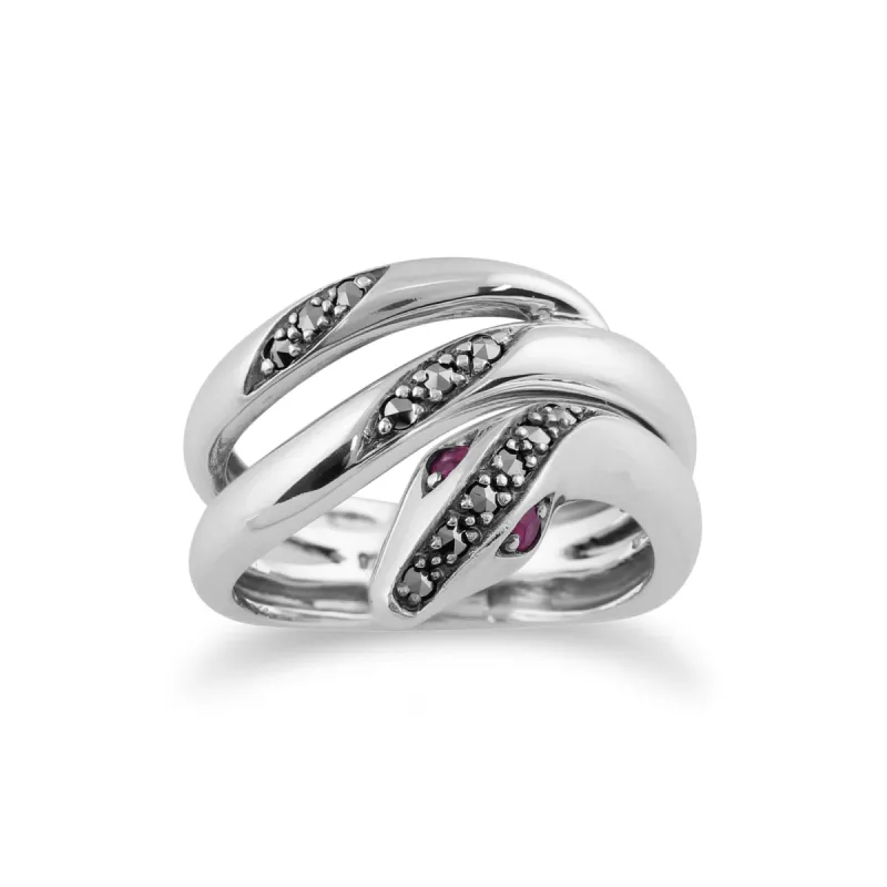 Art Nouveau Style Round Ruby & Marcasite Snake Ring in 925 Sterling Silver sold by Gemondo Jewellery