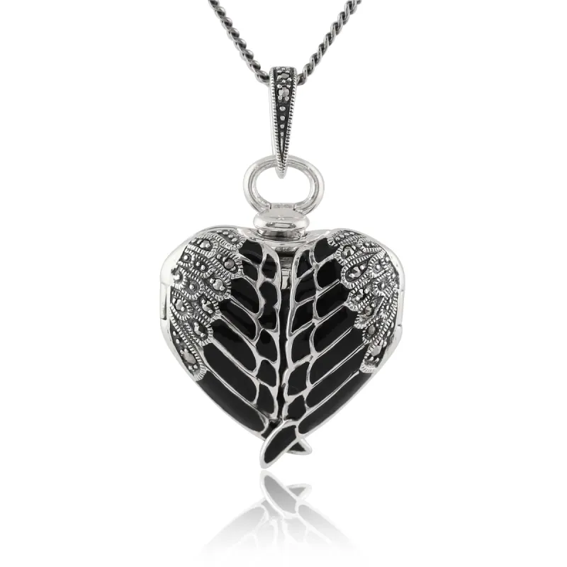 Art Nouveau Style Round Marcasite & Black Enamel Angel Wing Heart Locket on Chain in 925 Sterling Silver sold by Gemondo Jewellery