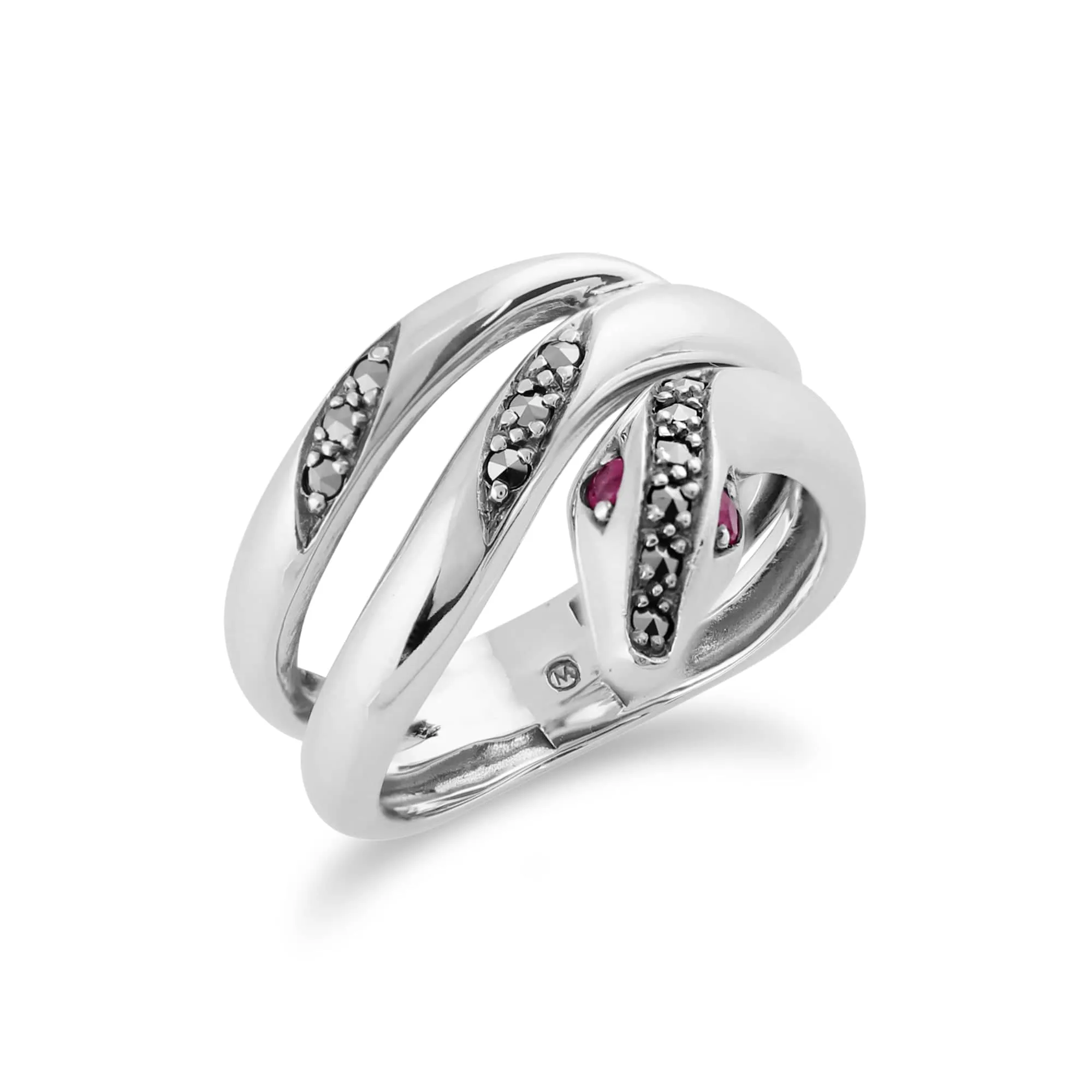 Art Nouveau Style Round Ruby & Marcasite Snake Ring in 925 Sterling Silver sold by Gemondo Jewellery product image thumbnail 2