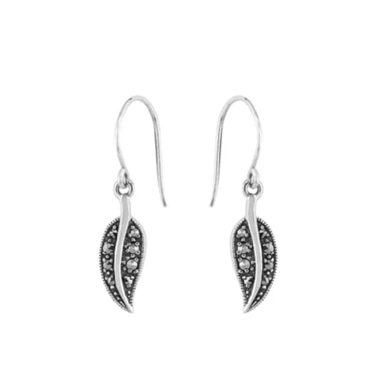 Art Nouveau Style Round Marcasite Leaf Drop Earrings in 925 Sterling Silver sold by Gemondo Jewellery