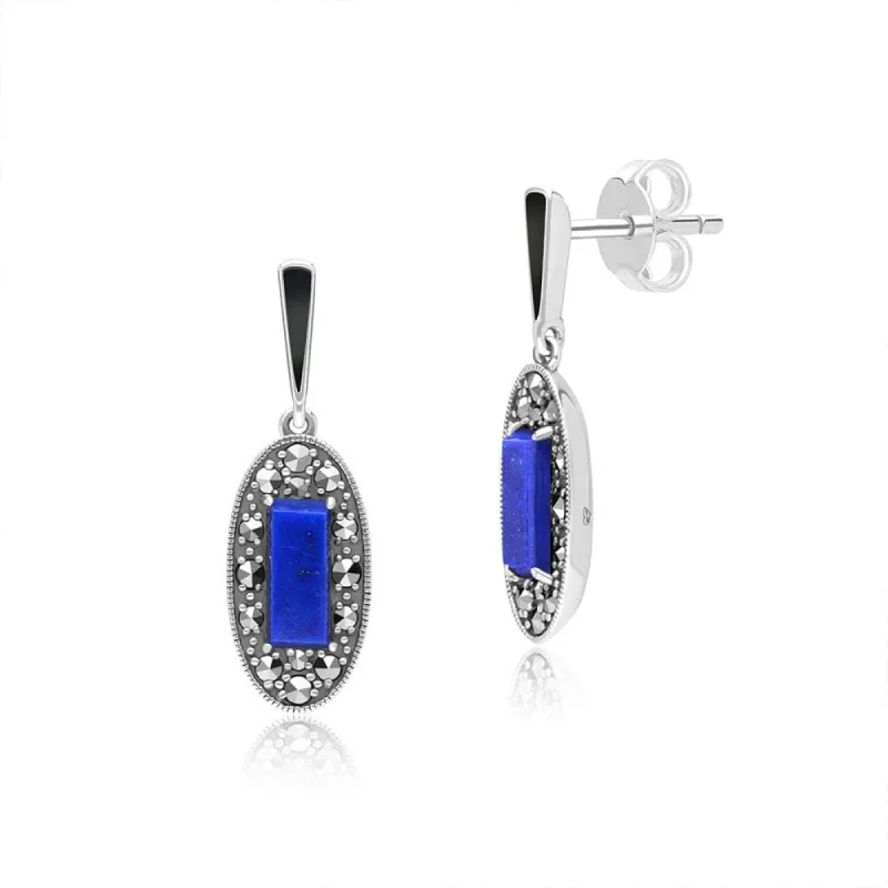 Art Deco Style Oval Lapis Lazuli, Marcasite and Black Enamel Drop Earrings in Sterling Silver sold by Gemondo Jewellery