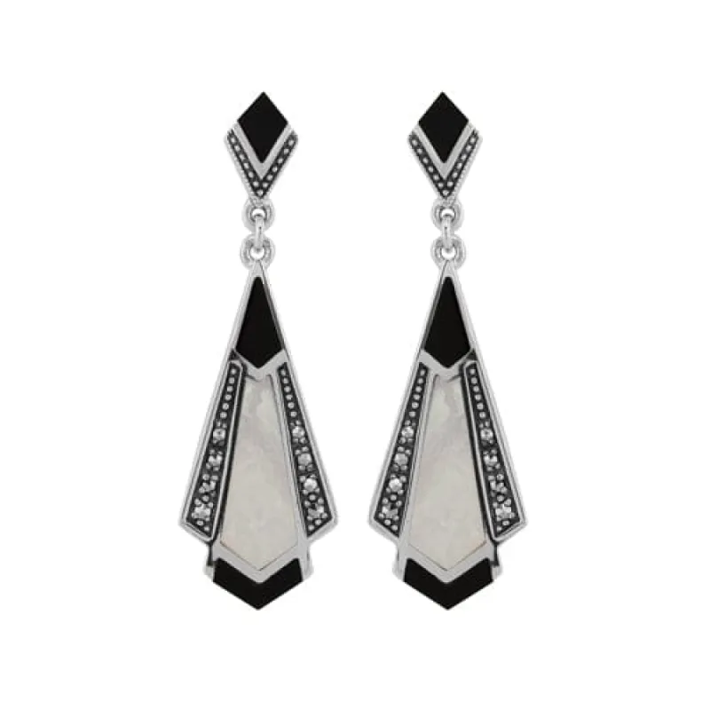 Art Deco Style Cabochon Black Onyx, Mother of Pearl & Marcasite Drop Earrings in 925 Sterling Silver sold by Gemondo Jewellery