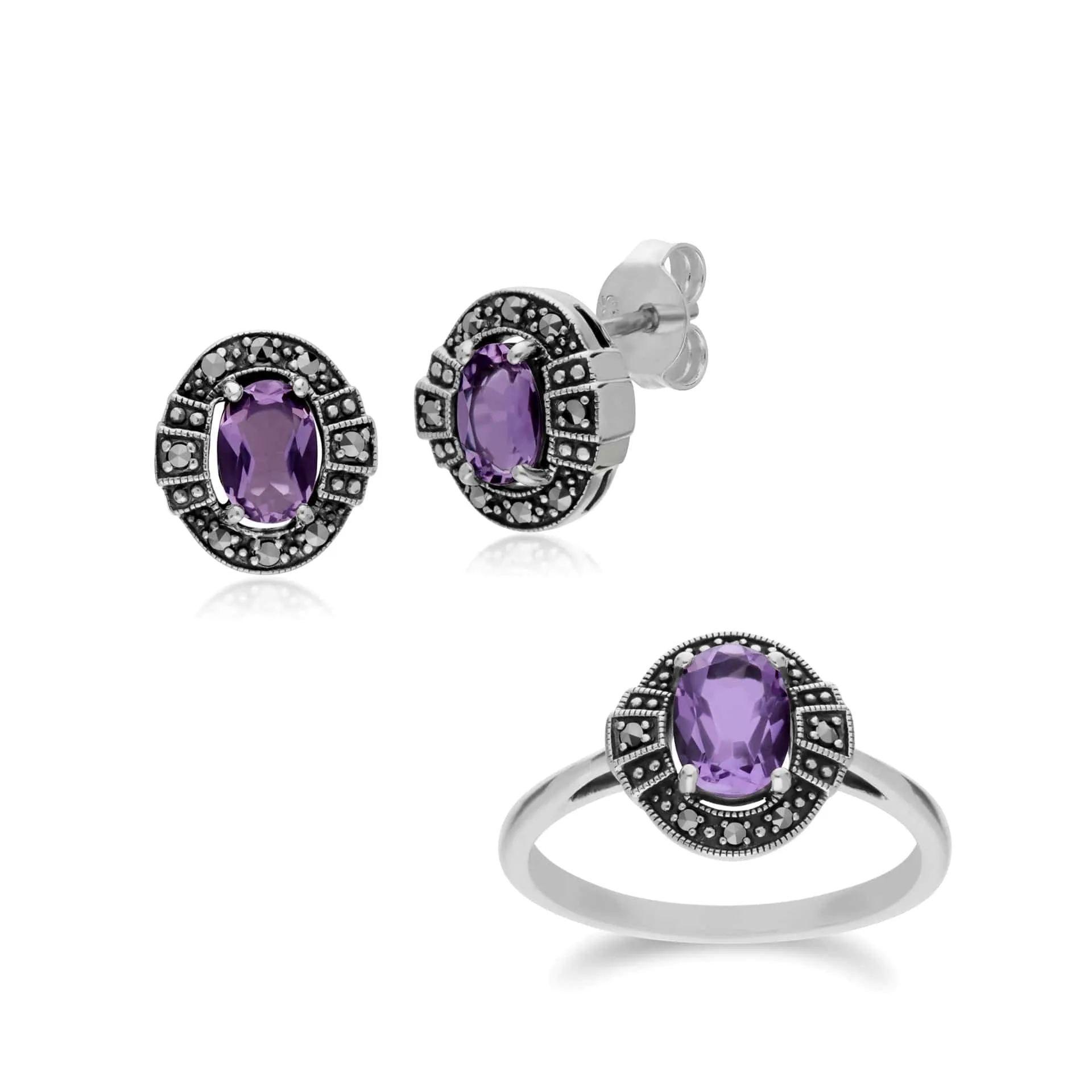 Art Deco Style Oval Amethyst and Marcasite Cluster Stud Earrings & Ring Set in 925 Sterling Silver sold by Gemondo Jewellery