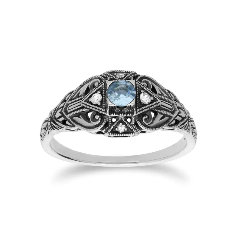 Art Deco Style Round Blue Topaz & White Topaz  Ring in 925 Sterling Silver sold by Gemondo Jewellery