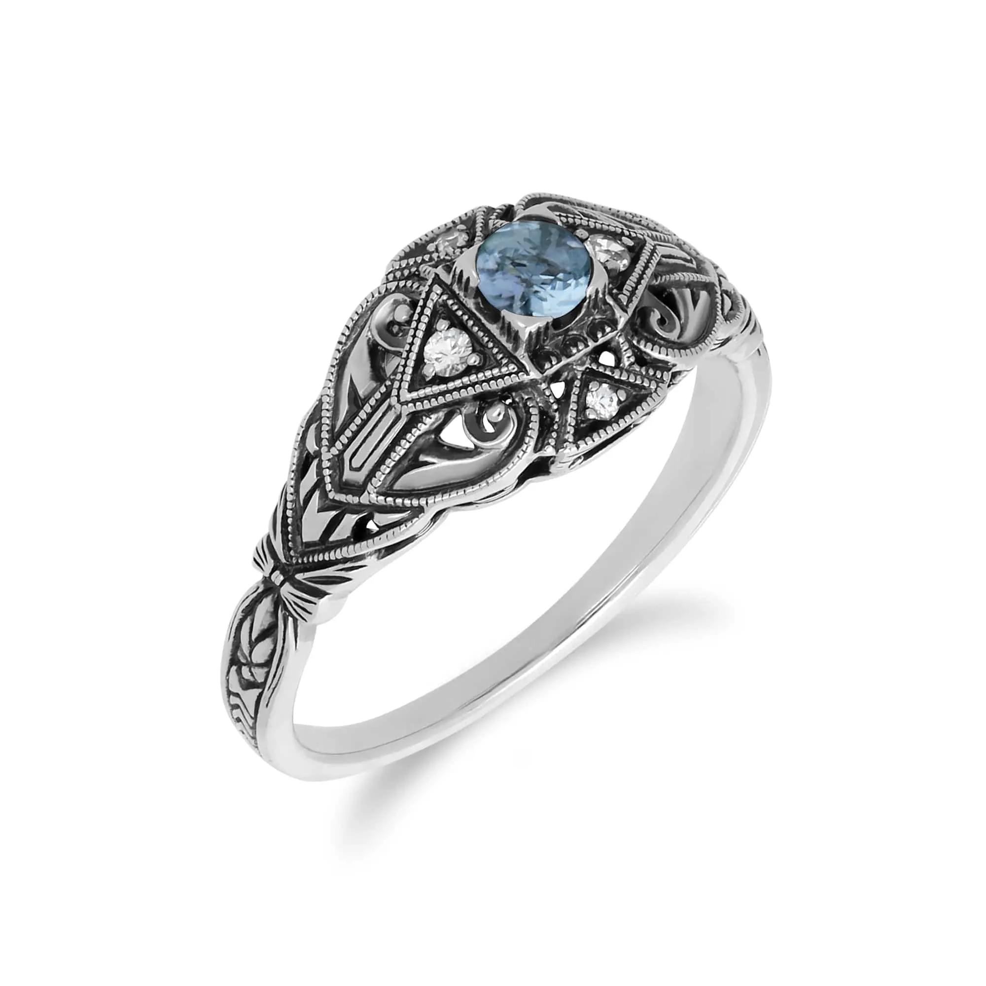 Art Deco Style Round Blue Topaz & White Topaz Ring in 925 Sterling Silver sold by Gemondo Jewellery product image thumbnail 2