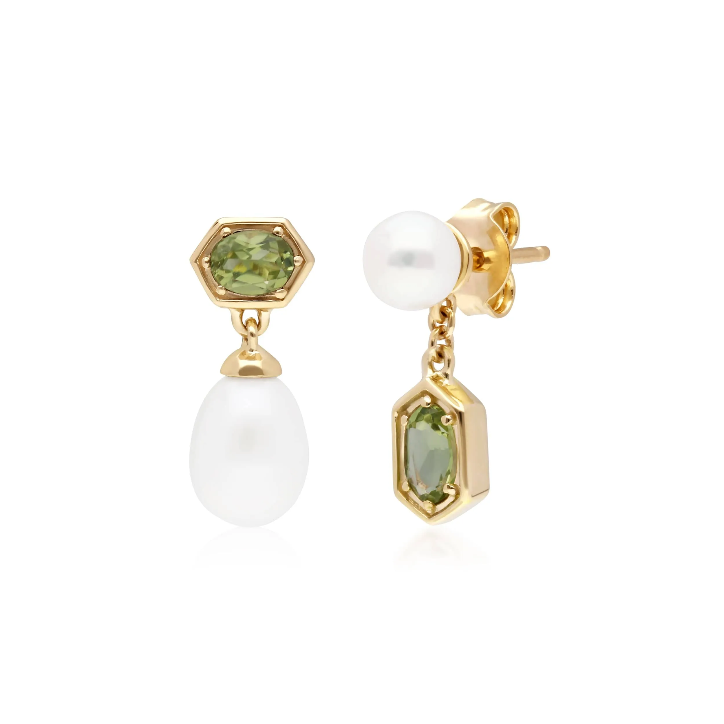 Modern Pearl & Peridot Mismatched Drop Earrings in Gold Plated Silver sold by Gemondo Jewellery