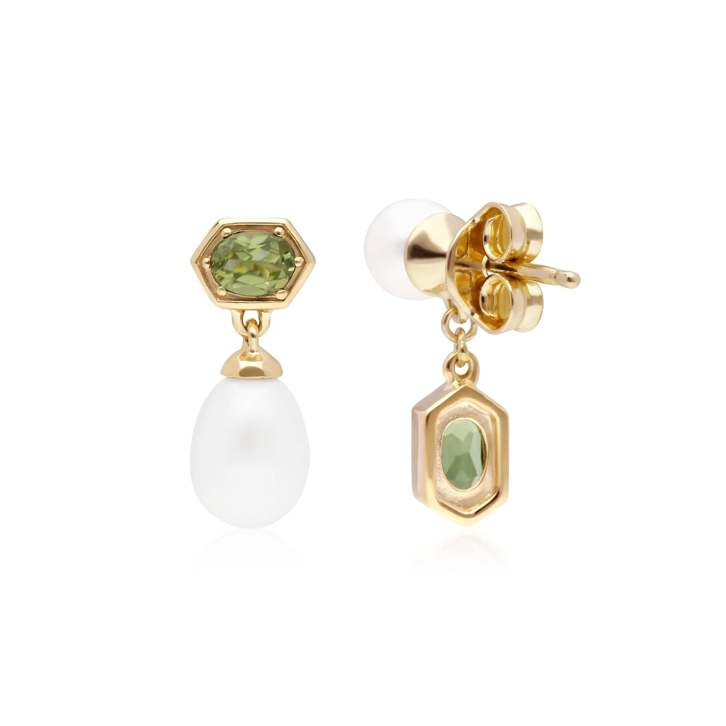 Modern Pearl & Peridot Mismatched Drop Earrings in Gold Plated Silver sold by Gemondo Jewellery product image thumbnail 3