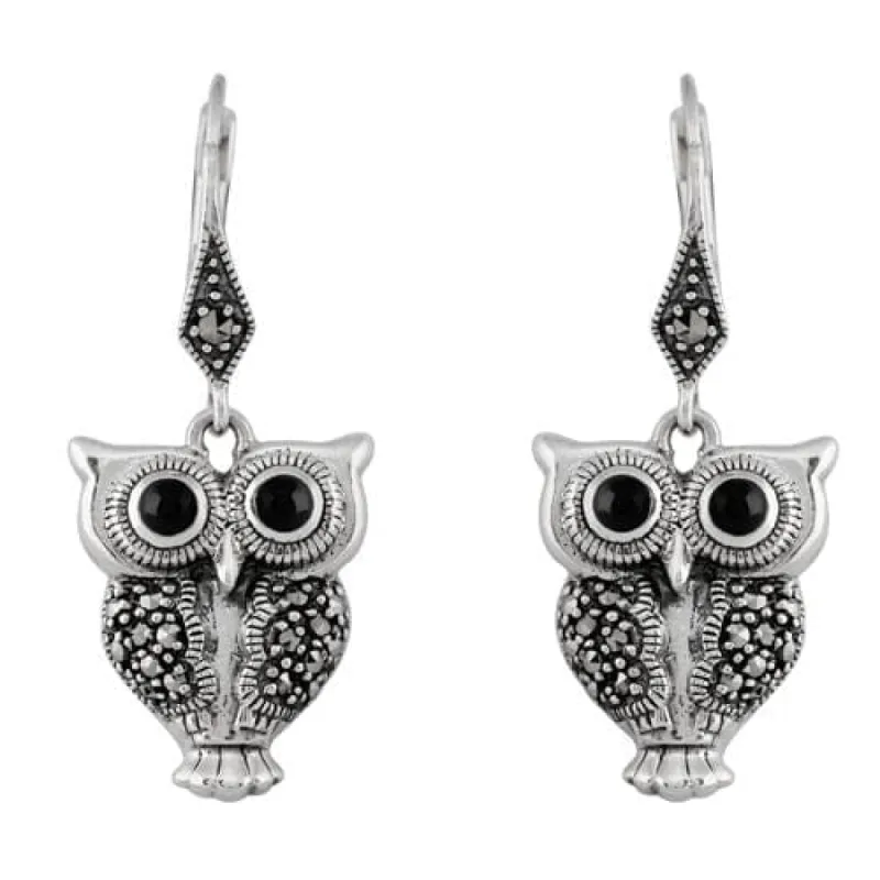 Art Deco Style Round Black Onyx & Marcasite Owl Drop Earrings in 925 Sterling Silver sold by Gemondo Jewellery