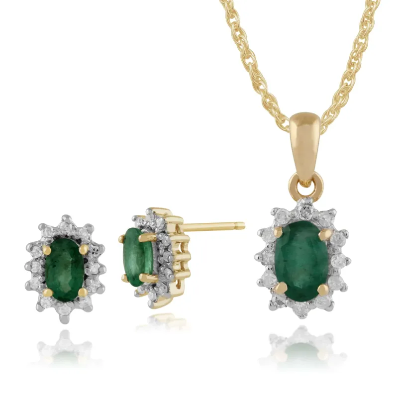 Classic Oval Emerald & Diamond Halo Cluster Stud Earrings & Pendant Set in 9ct Yellow Gold sold by Gemondo Jewellery