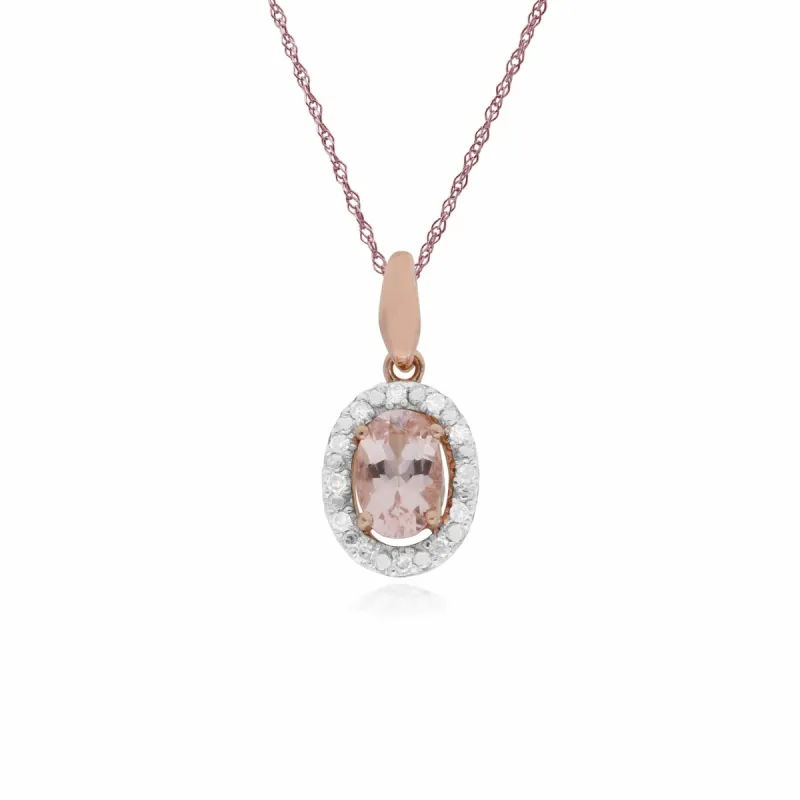 Classic Oval Morganite & Diamond Halo Pendant in 9ct Rose Gold made by Gemondo Jewellery